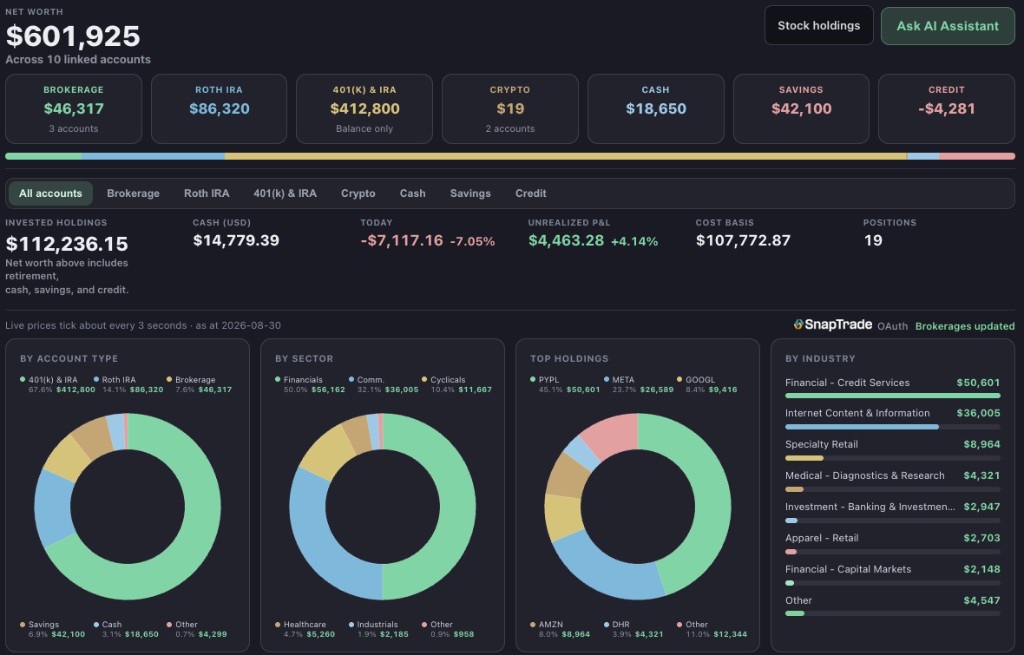Picksmith My Holdings with net worth, linked accounts, and portfolio allocation